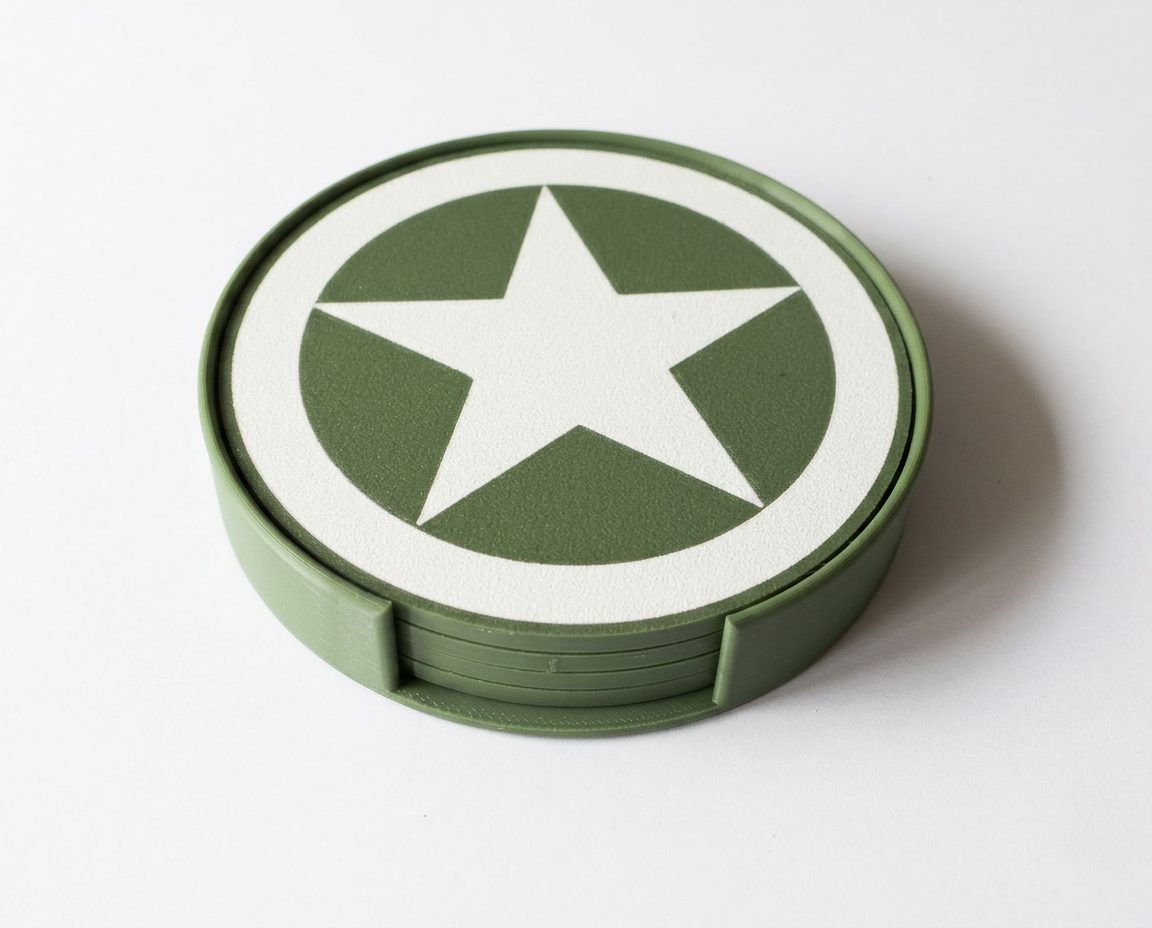 Allied Star green coasters in matching holder