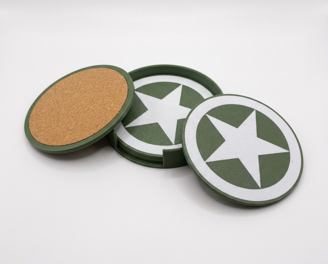 Allied Star coasters with cork backs and holder
