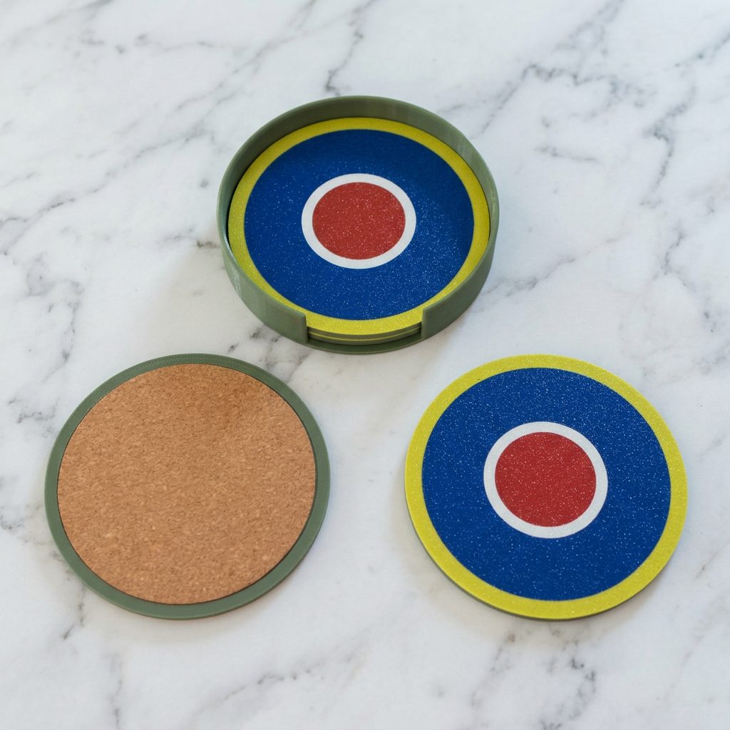 RAF Roundel coaster face, cork underside, and holder